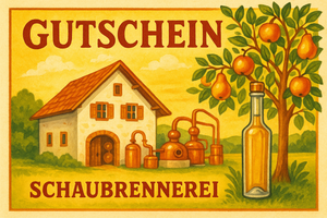Gutschein in frohen Farben mit Flasche und Brennerei und ein Streuobstbaum