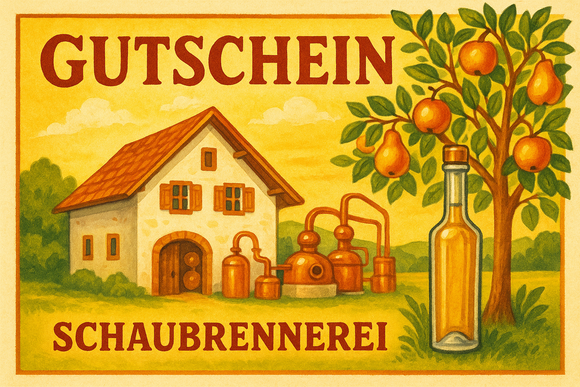 Gutschein in frohen Farben mit Flasche und Brennerei und ein Streuobstbaum